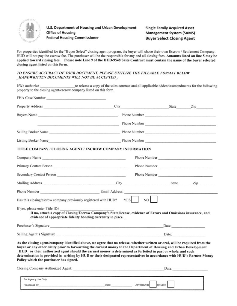 this is a copy of hud buyer select closing agent form